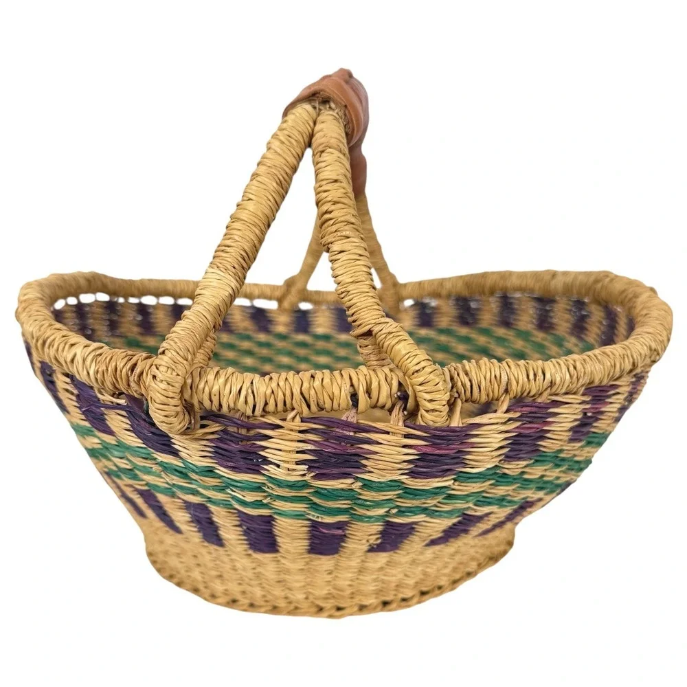 African Bolga Market Basket Handwoven Ghana Tote Leather Handle Large 12